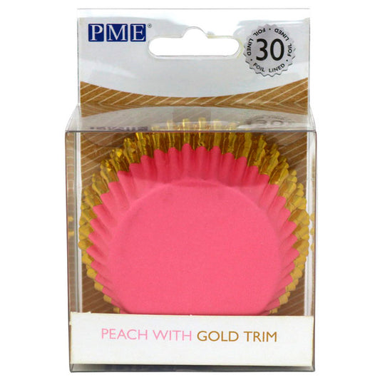 Cápsulas cupcakes color melocotón con ribete dorado metálico PME, Pack 30 u.