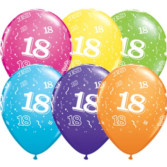 Globos de látex 18 años colores surtidos. Pack 6 u.