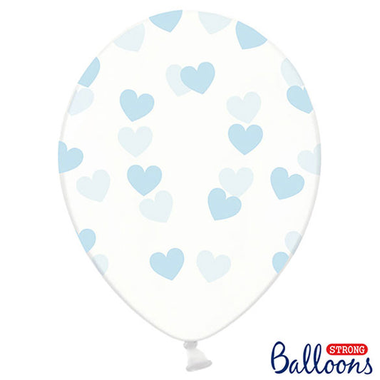 Globos de látex Transparentes con corazones celestes. Pack 6 u.