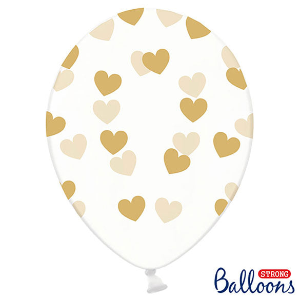 Globos de látex Transparentes con corazones dorados. Pack 6 u.