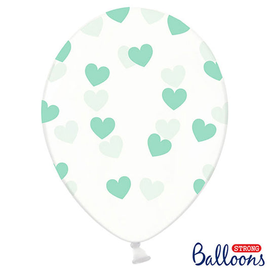 Globos de látex Transparentes con corazones turquesa. Pack 6 u.