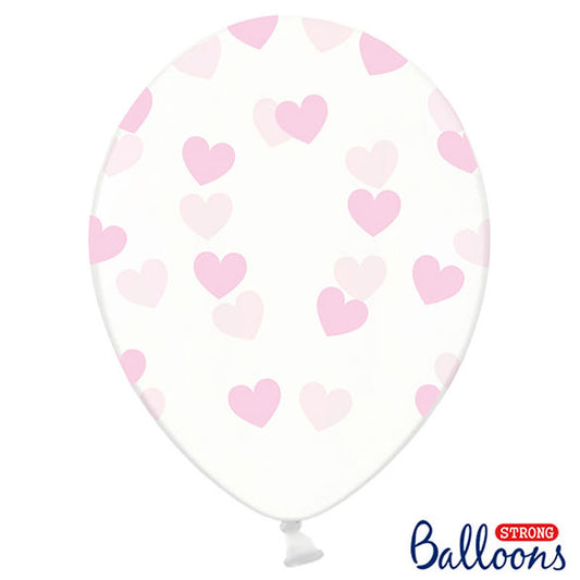 Globos de látex Transparentes con corazones rosa. Pack 6 u.