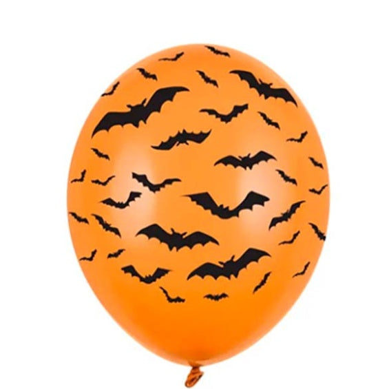 Globos de látex naranja con murciélagos. Pack 6 u.