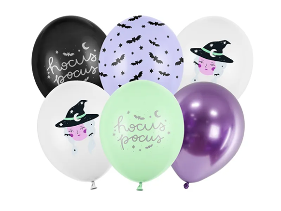 Globos de látex bruja hocus focus y murciélagos. Pack 6 u.