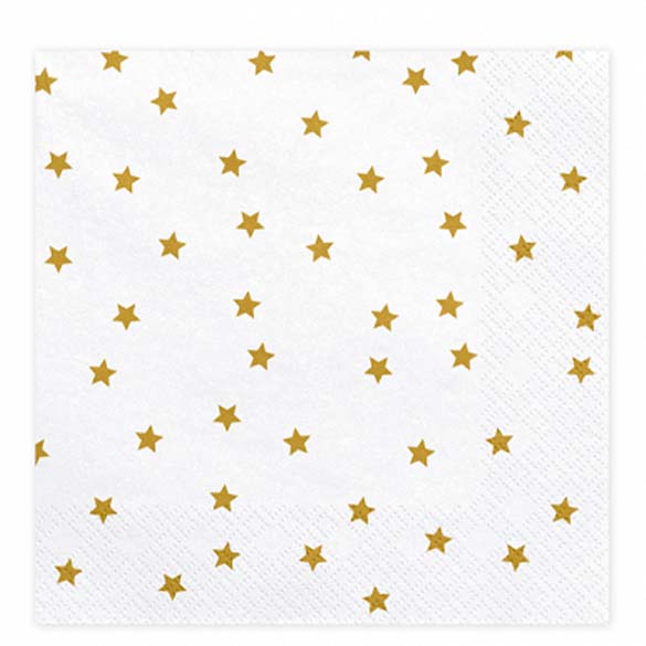 Servilletas blancas con estrellas oro 33 x 33 cm, Pack 16 u.