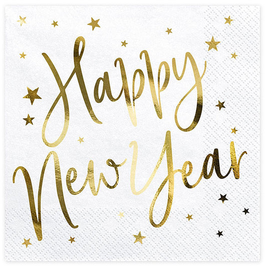 Servilletas Happy New Year blancas con texto oro 33 x 33 cm, Pack 16 u.