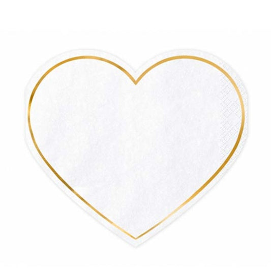Servilletas forma de corazón blancas borde oro 14,50 x 12,50 cm, Pack de 20 u.