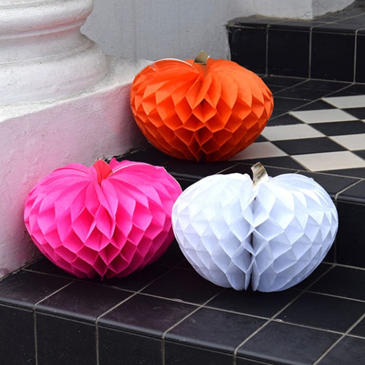 Decoraciones calabaza de Halloween nido de abeja de colores 30 cm, Pack 3 u.