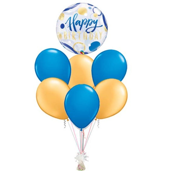 Ramo de Globos Happy Birthday burbuja azul y oro